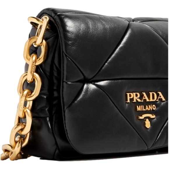 Prada Gold Logo Black Quilted Nappa Patch Leather Small Shoulder - Picture 2 of 4